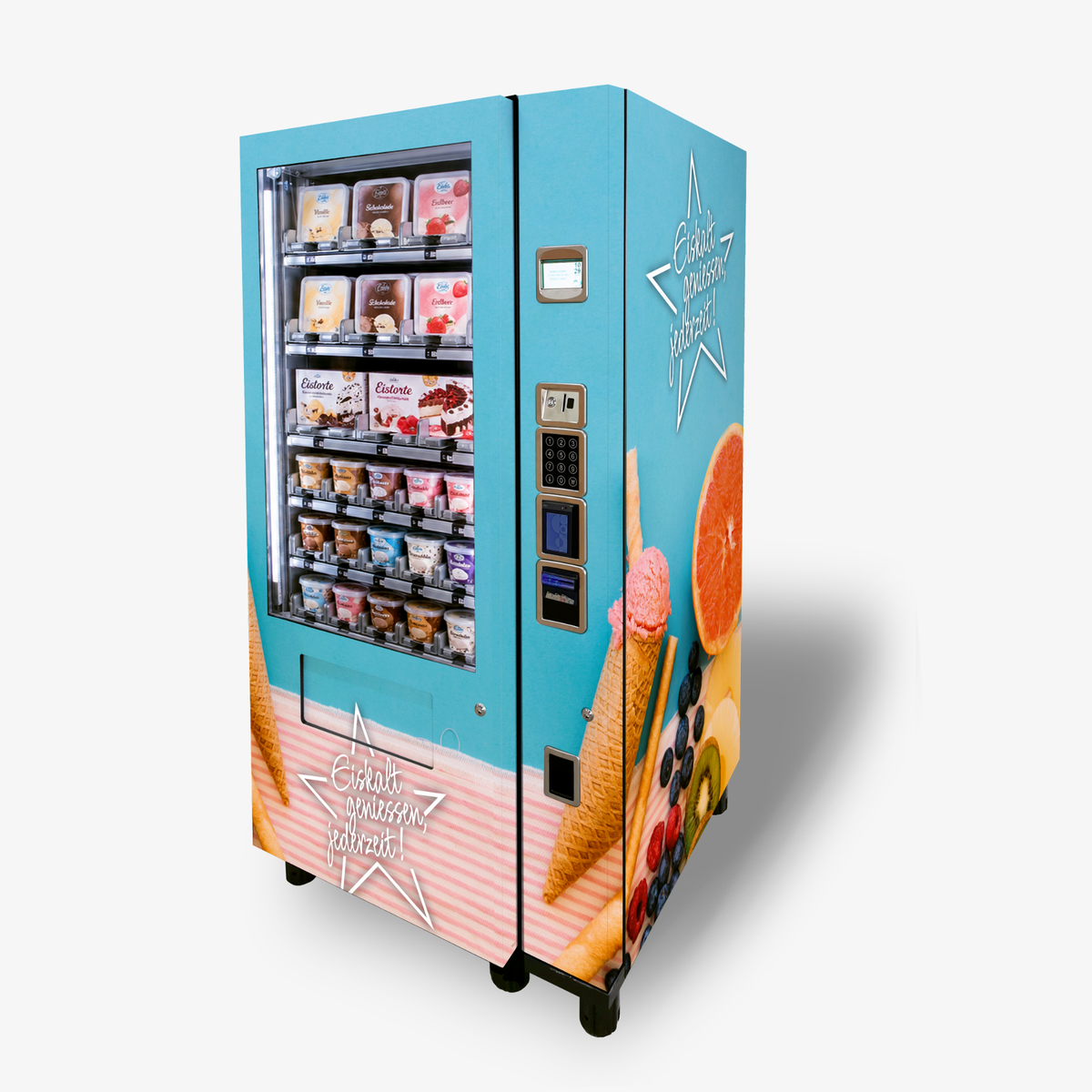 Blauer Eisschrank-Automat mit Eisbechern und -torten, 24/7 Eisverkauf