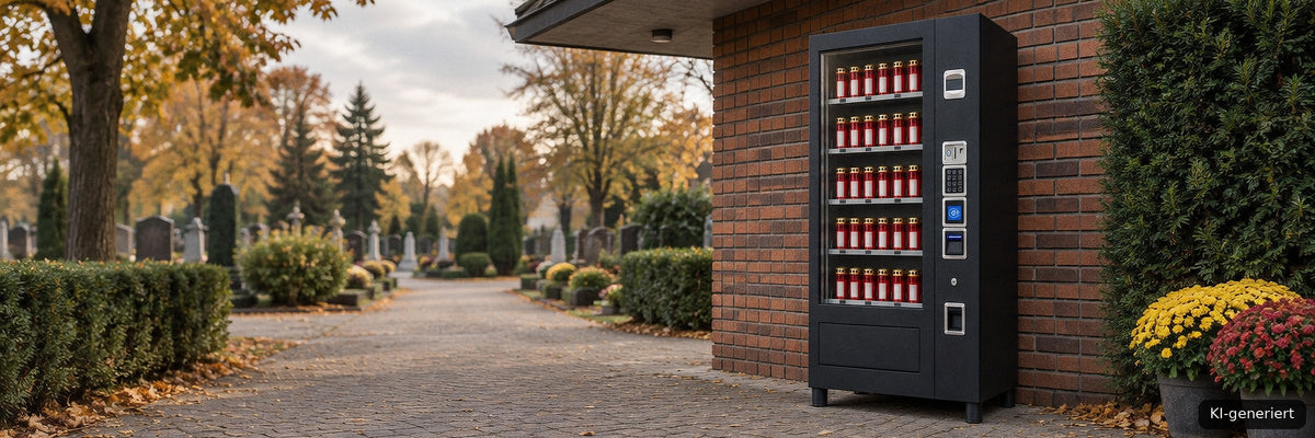 Grablichtautomat von Hensing an einer Friedhofsmauer, gefüllt mit roten Grablichtern