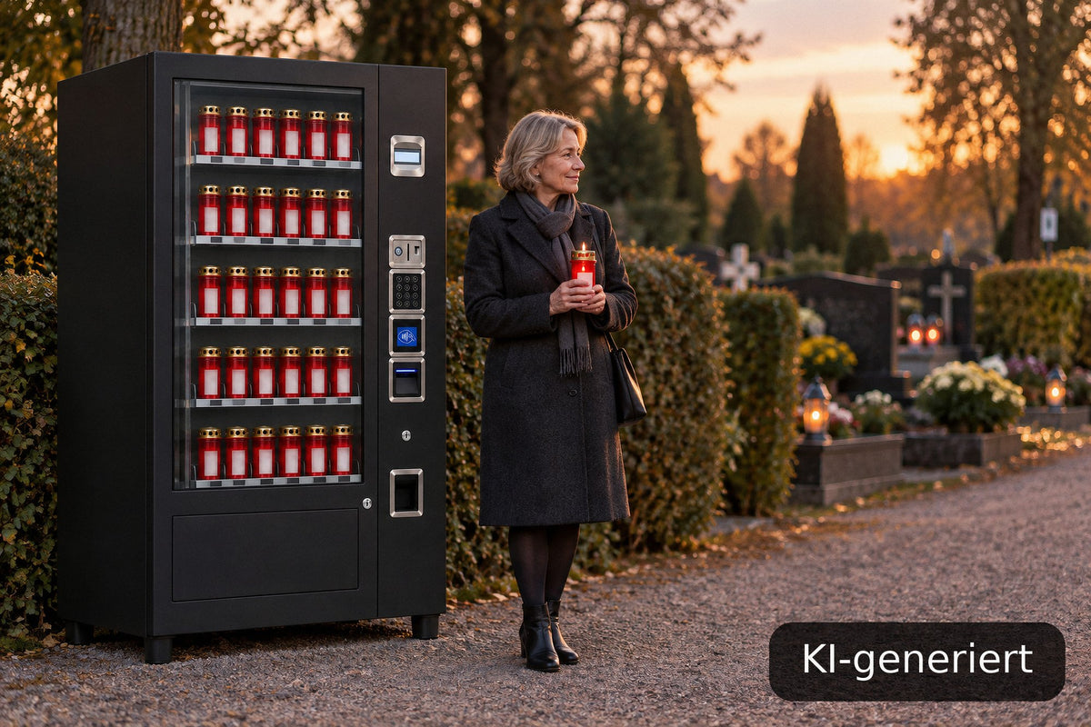 Friedhofsbesucherin hält am Abend ein Grablicht vor dem Grablichtautomaten