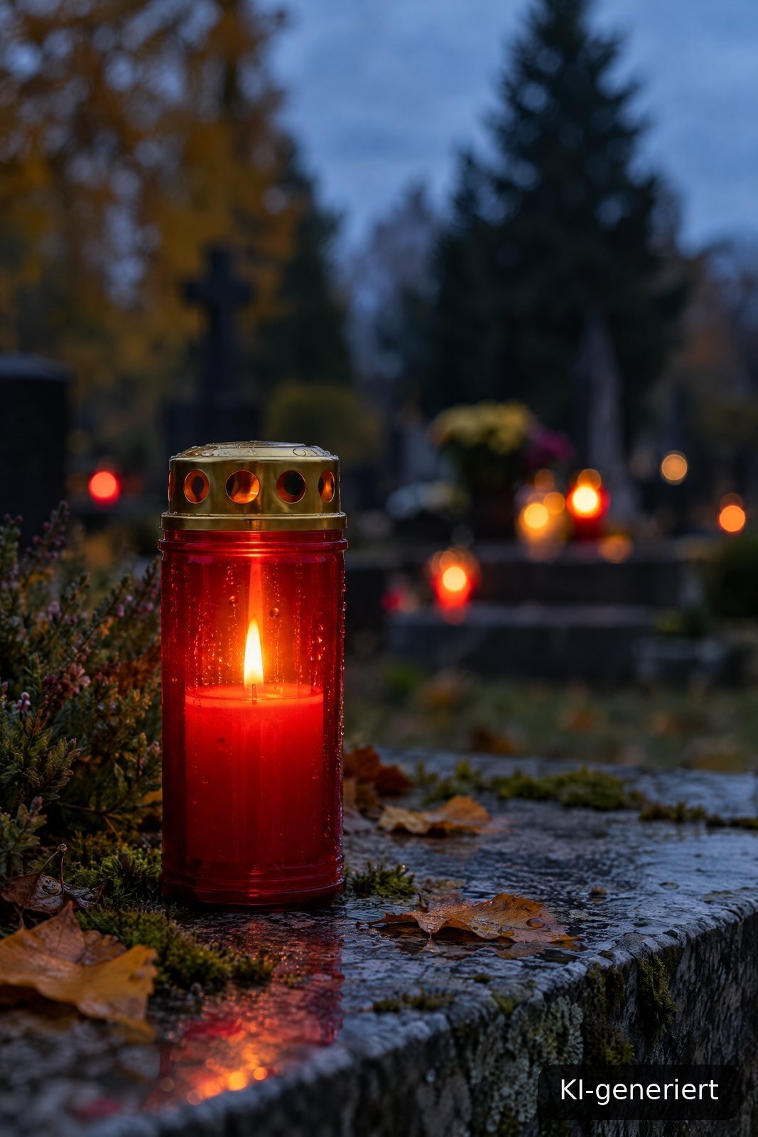 Brennendes rotes Grablicht auf einem Grabstein in der Abenddämmerung