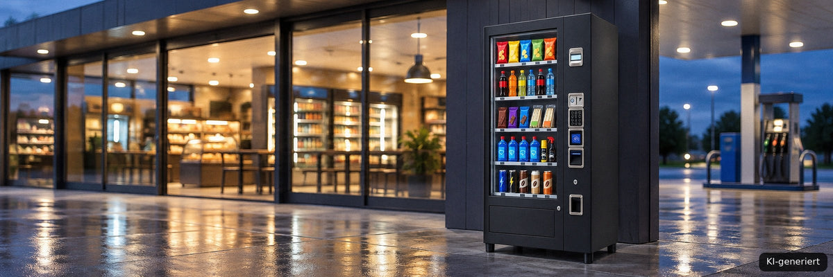 Verkaufsautomat mit Snacks, Getränken und Autopflege-Produkten am Shop einer Tankstelle am Abend
