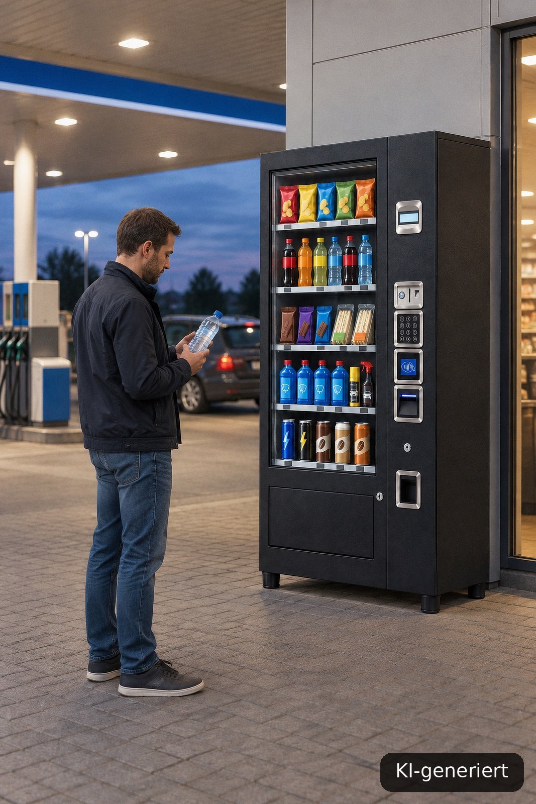 Kunde mit gekaufter Wasserflasche neben dem Verkaufsautomaten an einer Tankstelle