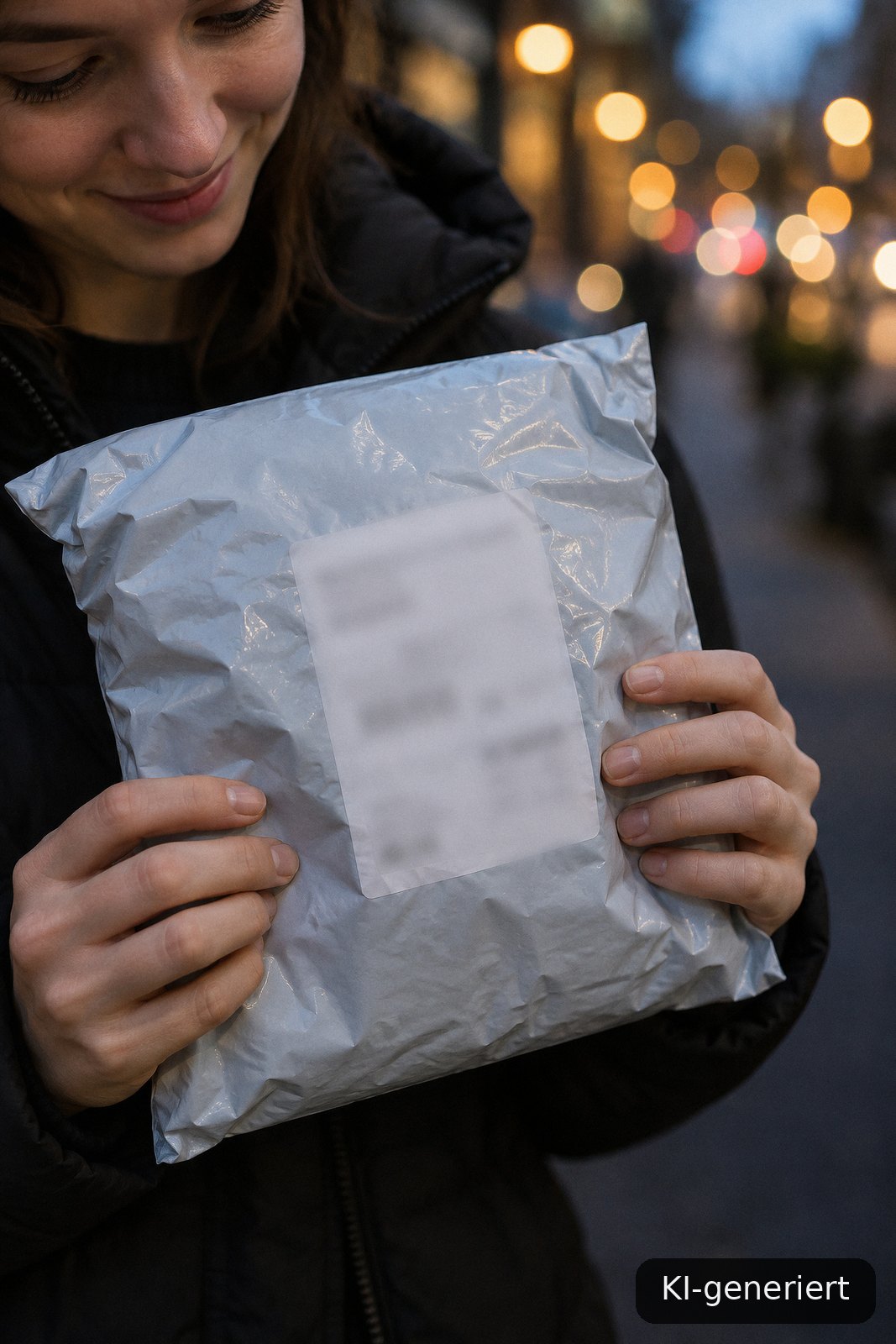 Kundin hält einen Mystery Pack aus dem Verkaufsautomaten in den Händen