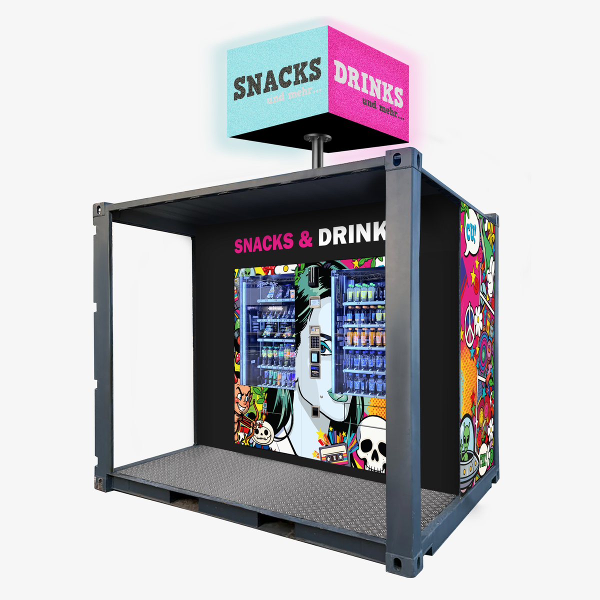 Bunte Snack- und Getränkeautomaten in Container-Lösung mit leuchtendem Werbeschild