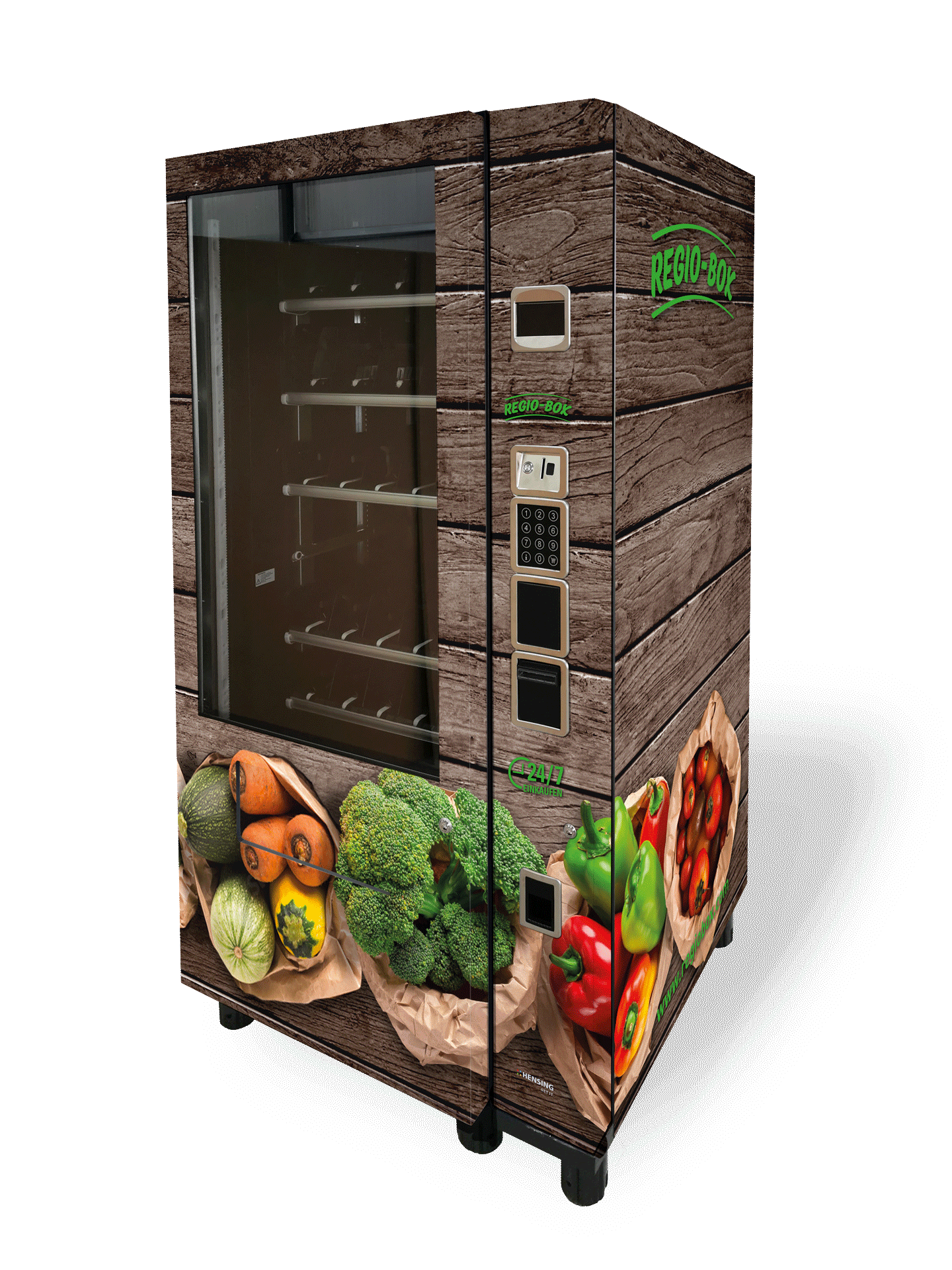 Regio-Box Obst- und Gemüseautomat mit 24/7-Verkauf und Holzoptik für frische regionale Produkte