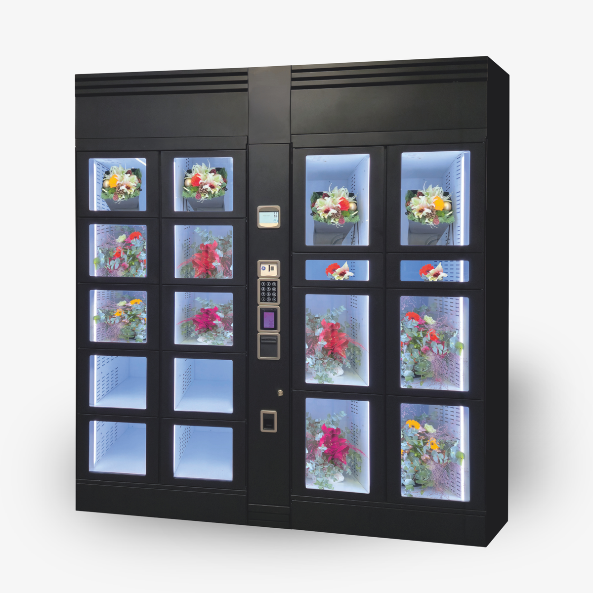 Blumenautomat mit beleuchteten Fächern für Blumensträuße und Dekorationen, 24/7 verfügbar