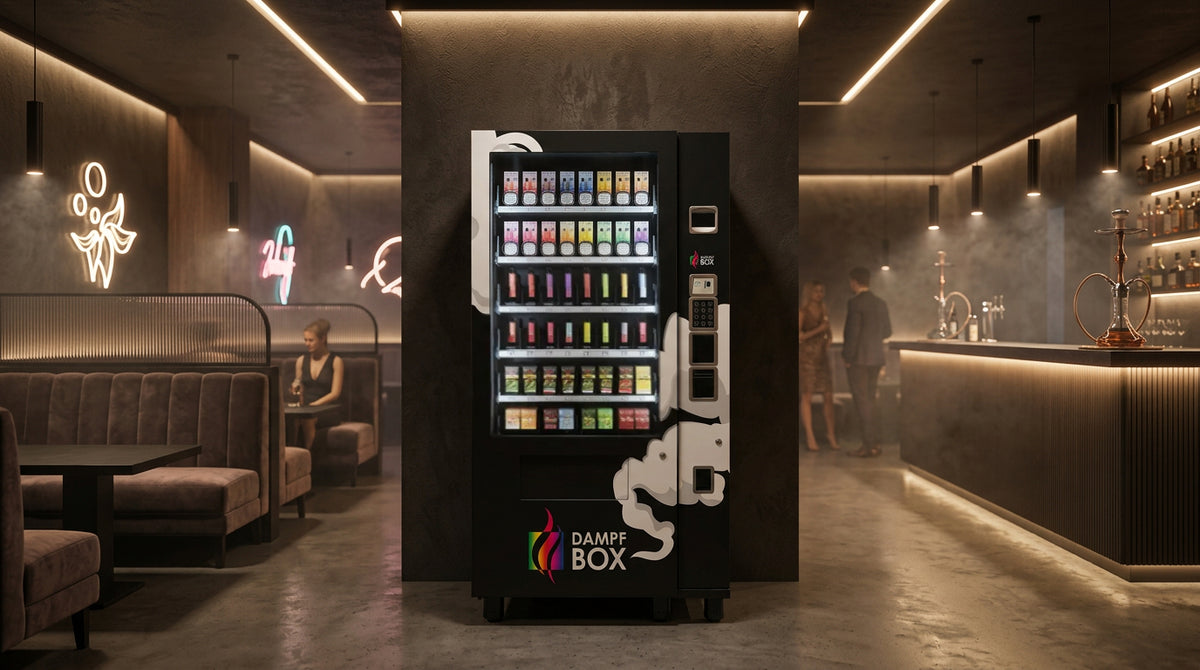 Dampfbox Automat mit bunten E-Zigaretten in moderner Bar, 24/7 Verkaufslösung