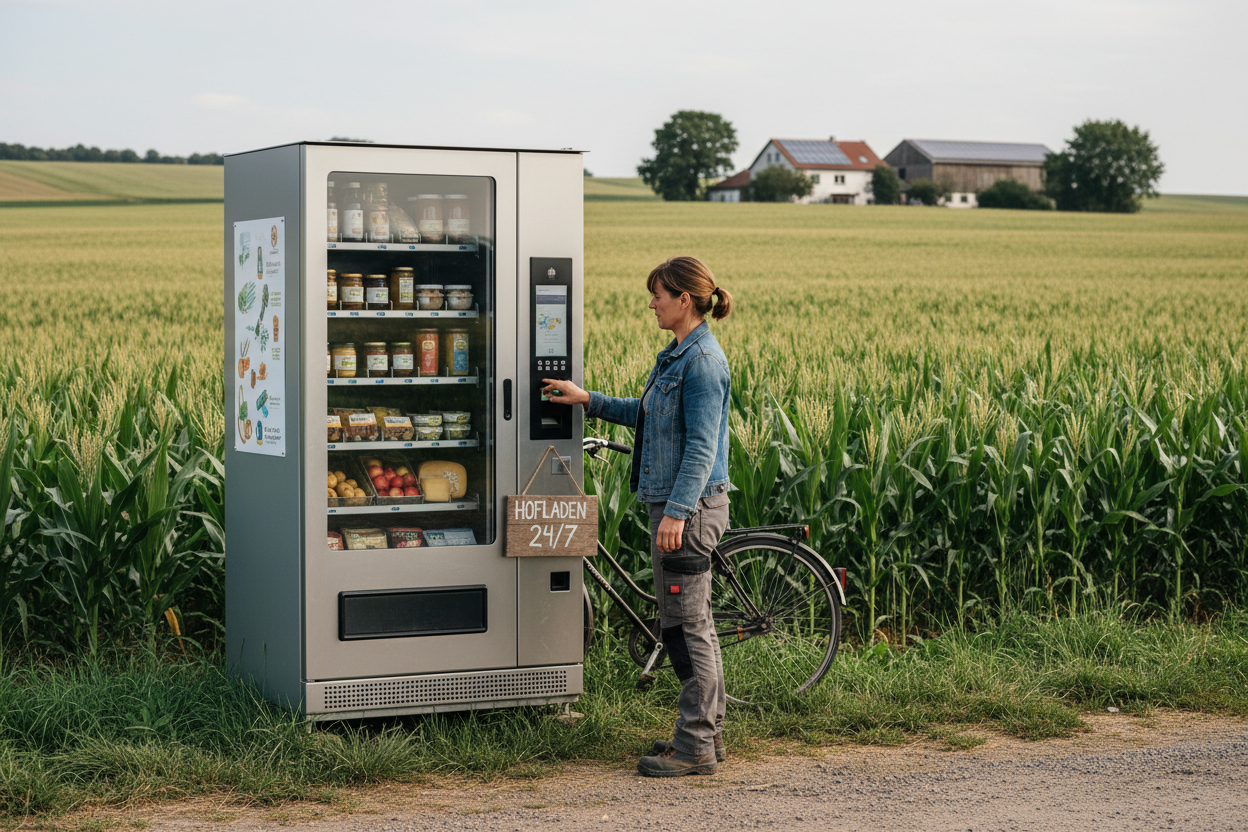 Realistisches Foto einer Selbstbedienungsstation mit Verkaufsautomat am Feldrand in Deutschland, Landwirtin am Automaten, grüne Felder im Hintergrund, natürliches Tageslicht, authentische Stimmung, ultra realistisch, keine Stockfoto-Optik.