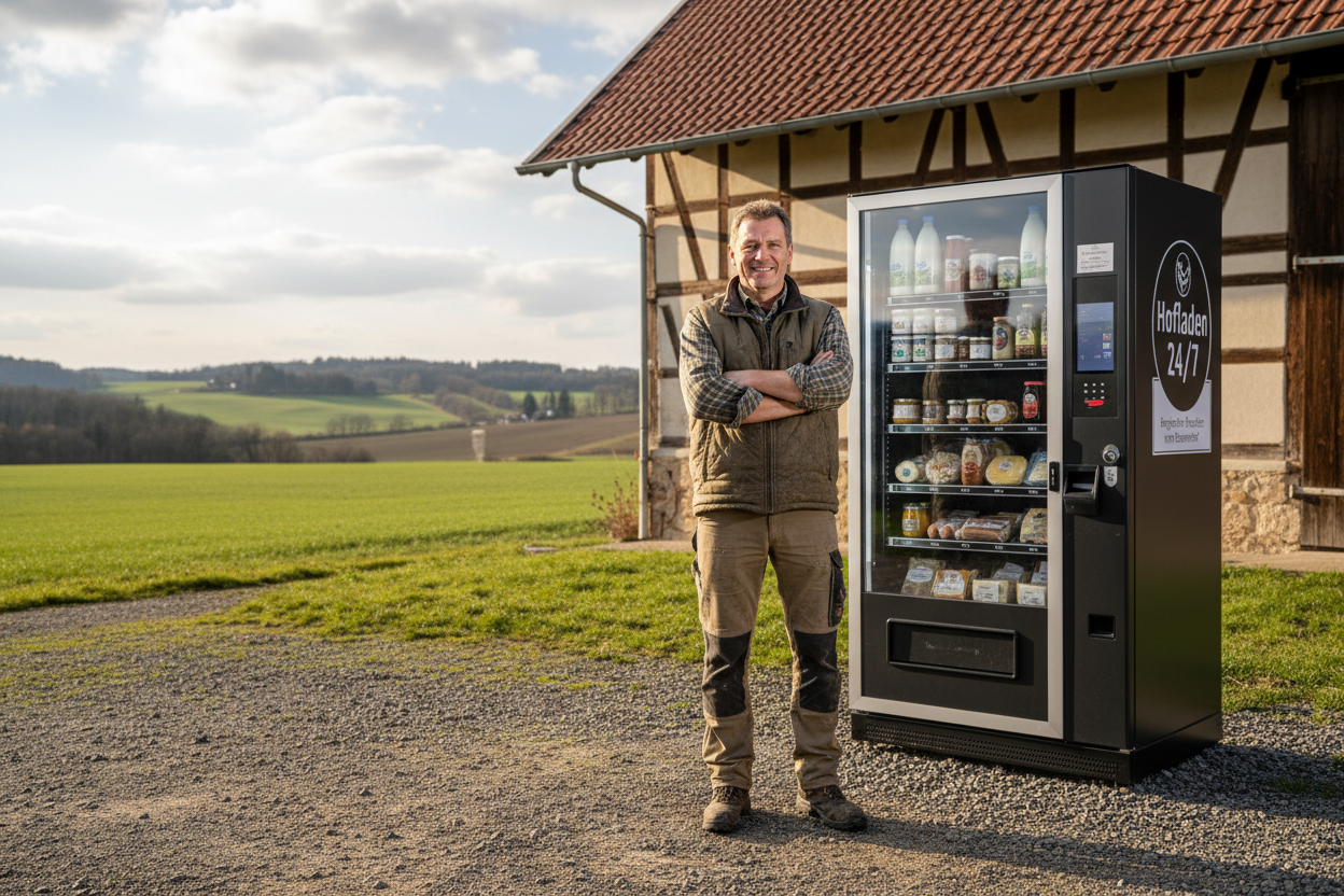 Realistisches Foto eines deutschen Landwirts (ca. 40–55 Jahre) vor einem modernen Verkaufsautomaten auf seinem Bauernhof.
Freundlicher Gesichtsausdruck, Arbeitskleidung, natürliche Körperhaltung.
Hintergrund: Hof, Scheune, ländliche Umgebung, Verkaufsautomat sichtbar.
Natürliches Tageslicht, authentische Atmosphäre, hochwertige Fotografie, keine Studio-Optik.