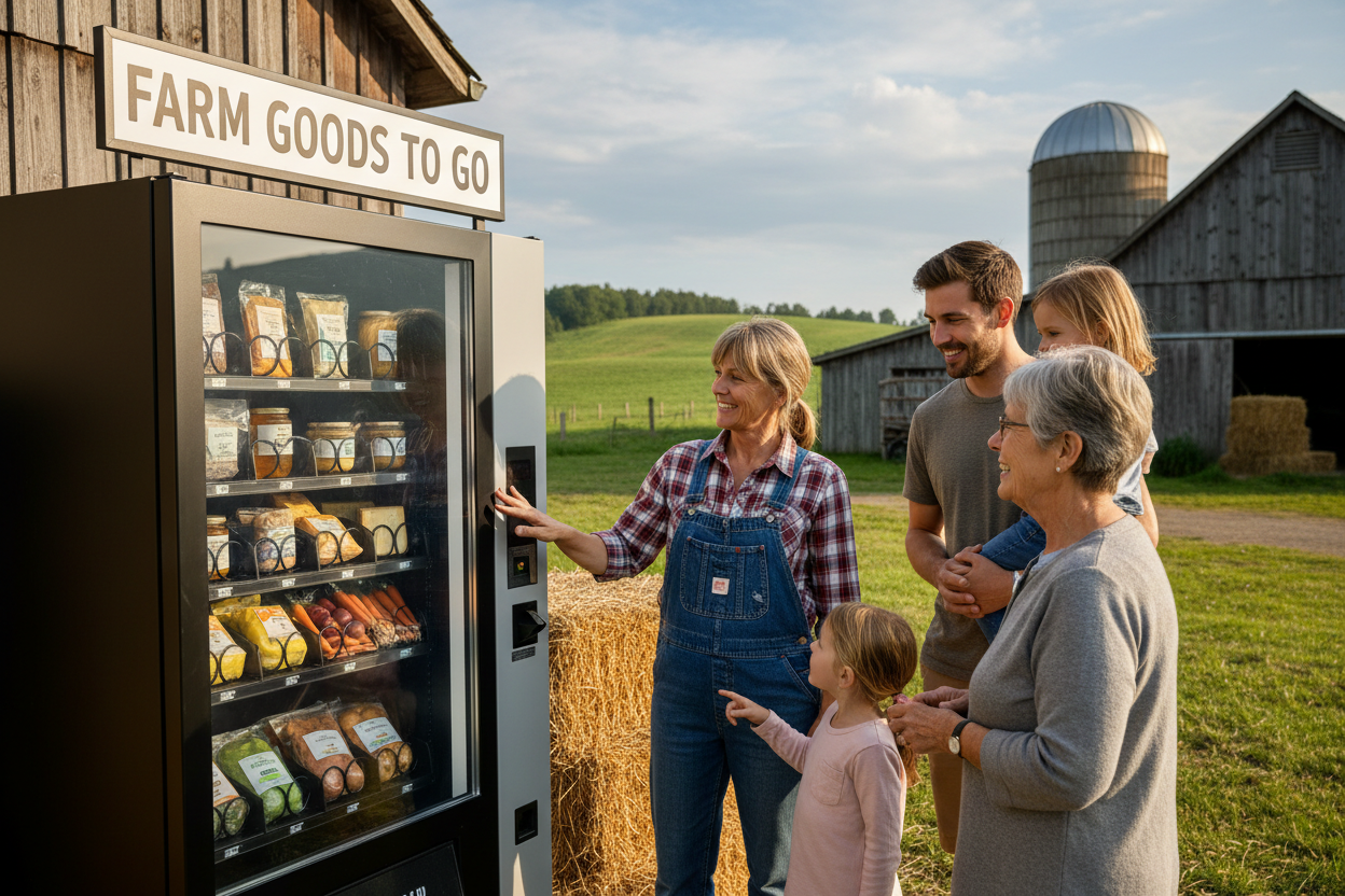 Realistisches Foto eines Landwirts mit Kunden nach einem Hofbesuch neben einem Verkaufsautomaten, freundliche Atmosphäre, Bauernhof im Hintergrund, natürliches Tageslicht, authentisch, keine Stockfoto-Optik.
