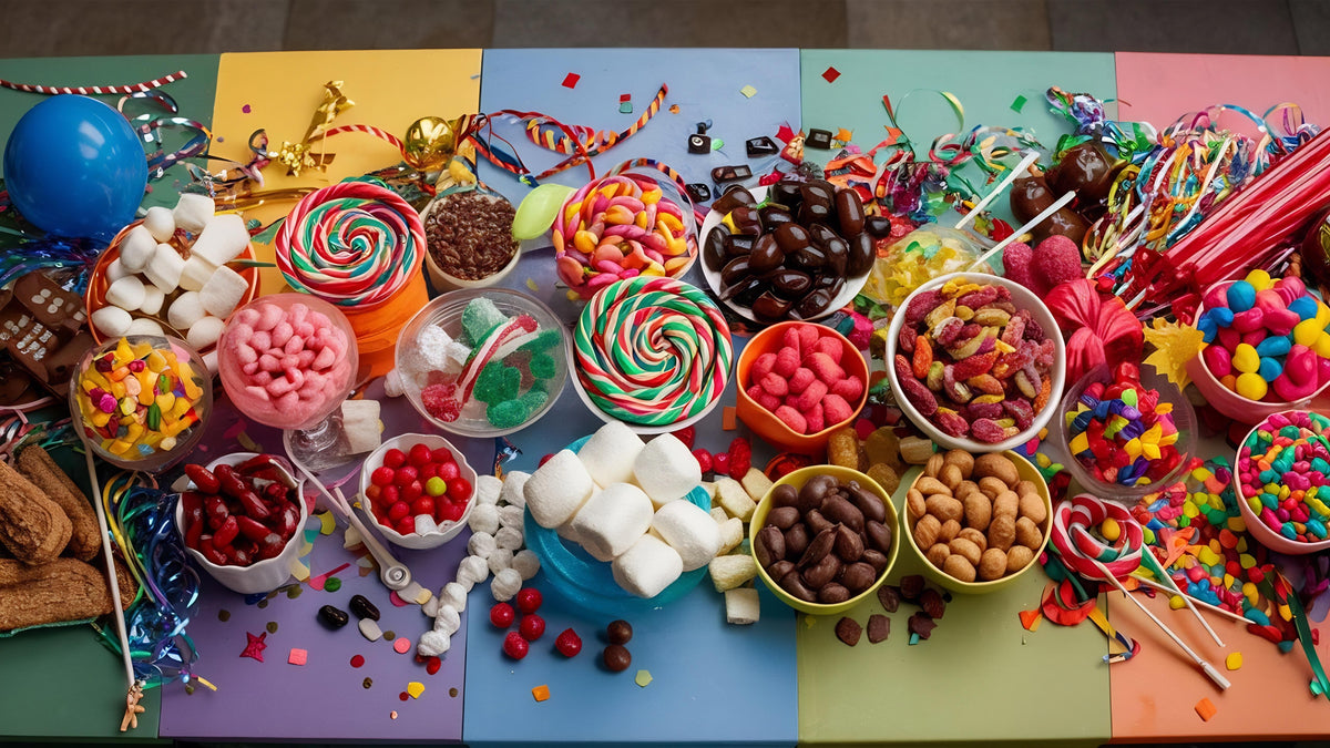 Bunte Süßigkeiten, Lutscher, Marshmallows und Schokolade auf farbigem Tisch, perfekt für Verkaufsautomaten.