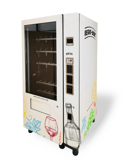 Wein-Verkaufsautomat mit Regio-Box-Logo, Glas und Trauben-Motiv, 24/7 Selbstbedienung